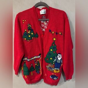 Vintage Quacker Factory Christmas Holiday Santa Sweater embellished appliqué